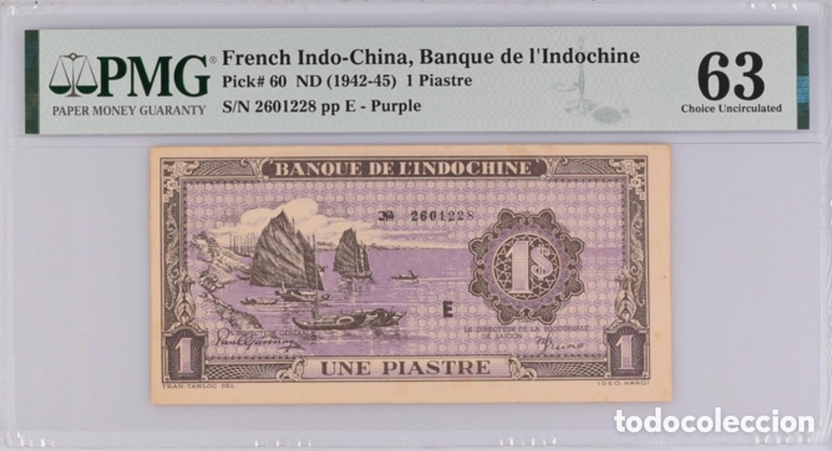 Billetes extranjeros: Billete French Indochina 1 Piastre 1942-45 Purple PMG 63