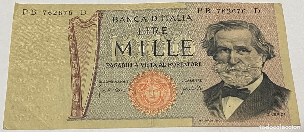 Billetes extranjeros: Billete 1971. 1000 Liras. Italia. P-101b. MBC. M&uacute;sico Giuseppe Verdi. Teatro Alla Scala, Mil&aacute;n. Arpa
