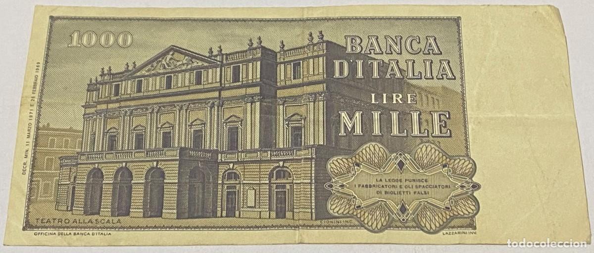 Billetes extranjeros: Billete 1971. 1000 Liras. Italia. P-101b. MBC. M&uacute;sico Giuseppe Verdi. Teatro Alla Scala, Mil&aacute;n. Arpa