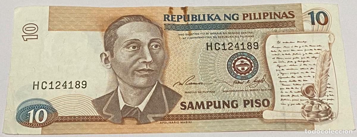 Billetes extranjeros: Billete 1995. 10 Piso. Filipinas. Apolinario Masini. Iglesia de Barasoain. P-181b.2. MBC-. Firmas: R