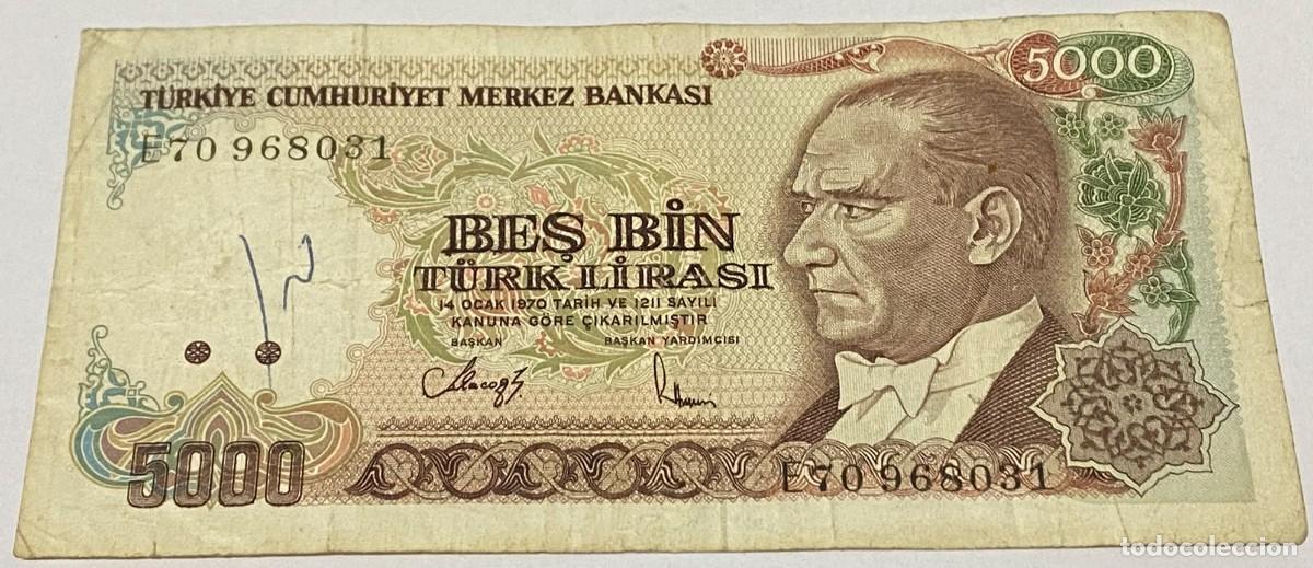 Billetes extranjeros: Billete 1988. 5000 Liras. Turqu&iacute;a. P-197a.2. Kemal Ataturk. MBC-. Muy Buena Conservaci&oacute;n-