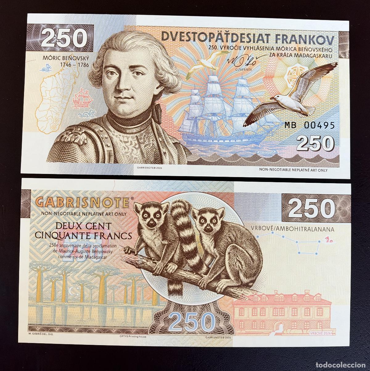 Billetes extranjeros: Matej Gabris 250 Francos 2026 M&oacute;ric Beňovsk&yacute; Madagascar Billete UNC