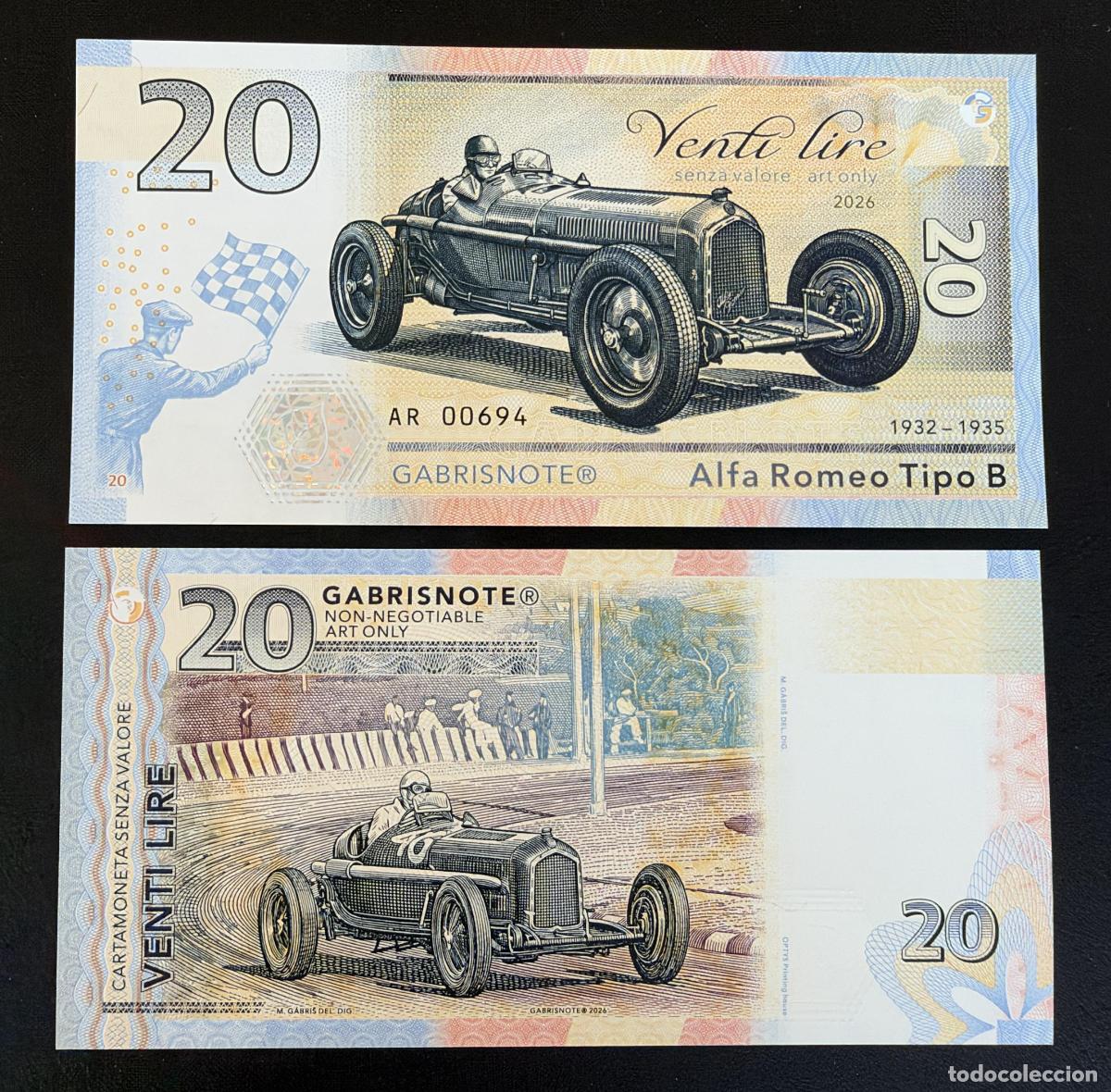 Billetes extranjeros: Matej Gabris Billete 20 Lire Alfa Romeo Tipo B 1932-1935 UNC
