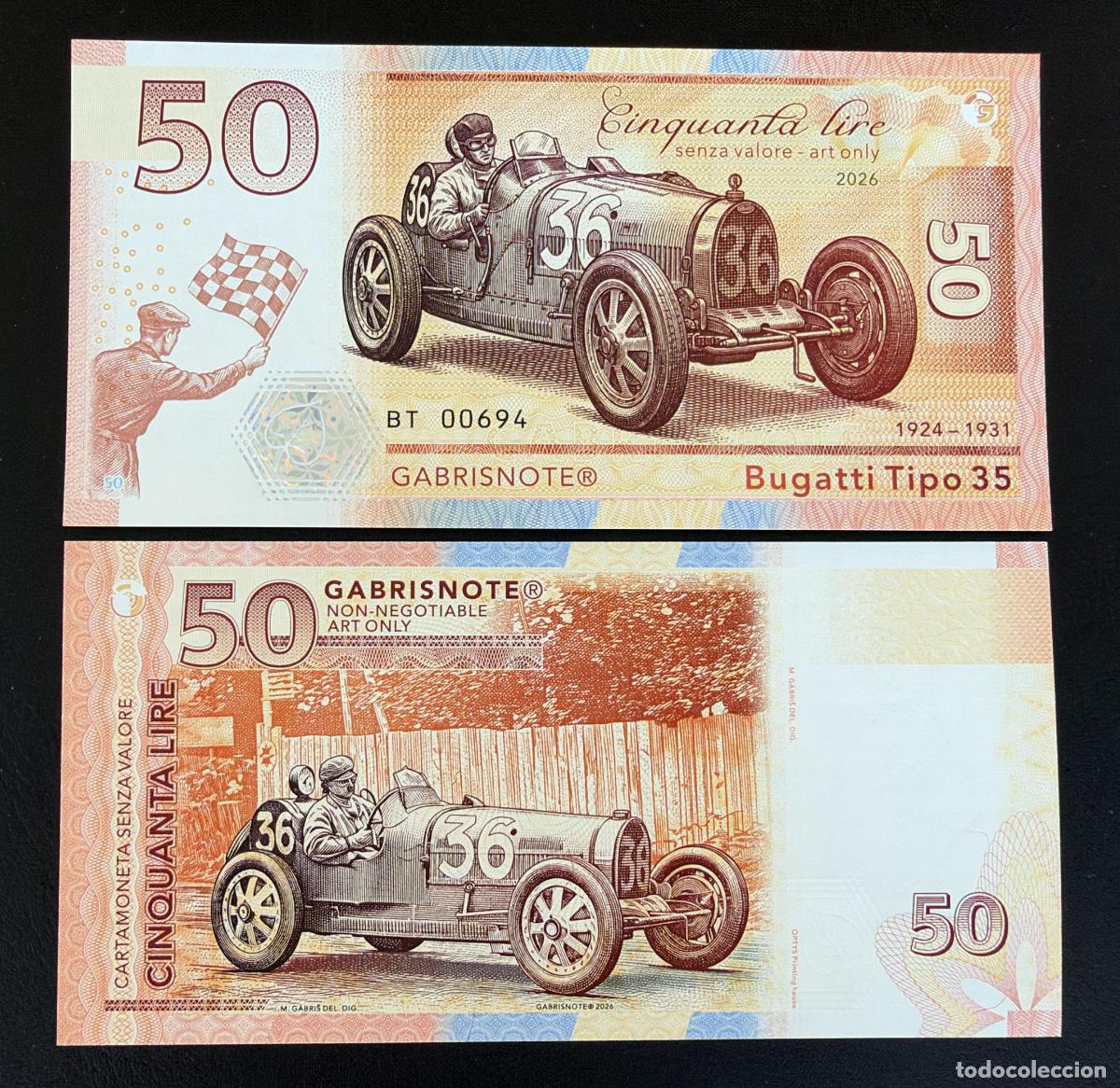 Billetes extranjeros: Matej Gabris Billete 50 Liras Bugatti Tipo 35 2026 Nuevo Fantasy Note