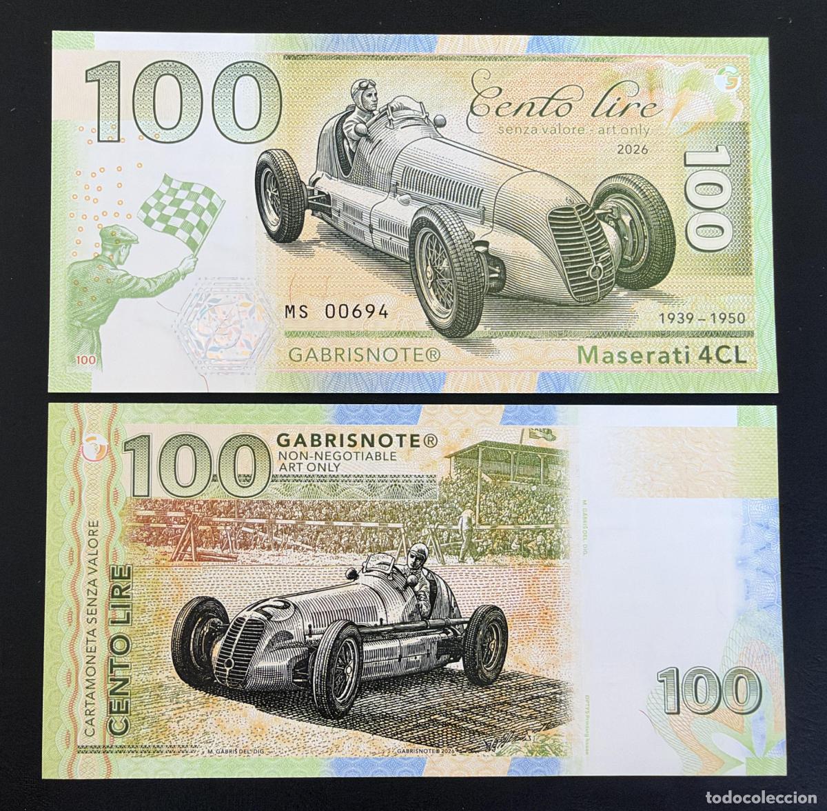 Billetes extranjeros: Matej Gabris Billete 100 Lire Maserati 4CL 1939-1950 UNC 2026