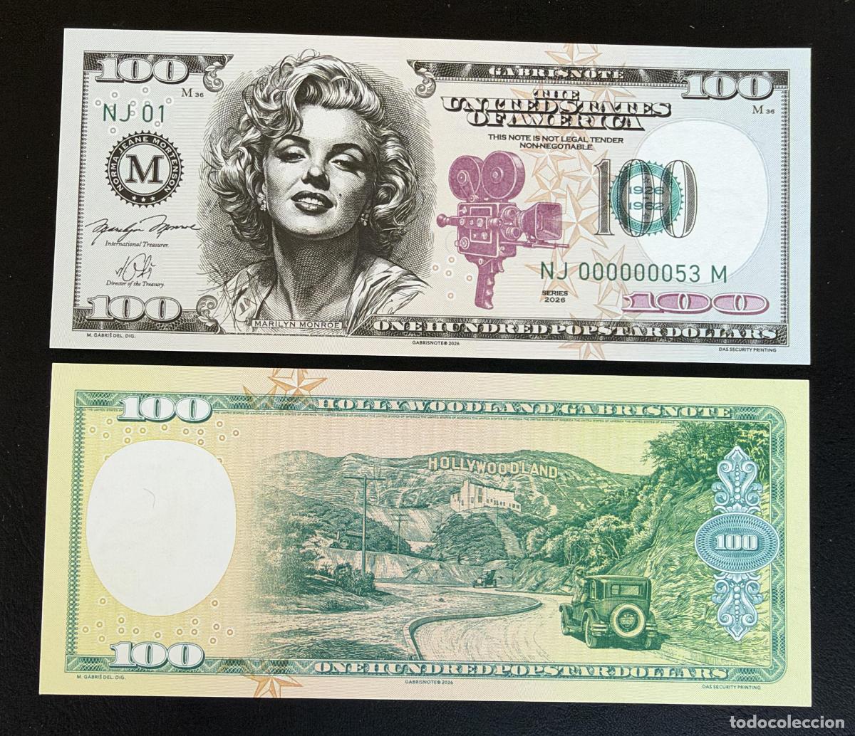 Billetes extranjeros: Matej Gabris Billete fantas&iacute;a 100 Popstar D&oacute;lares Marilyn Monroe 2026