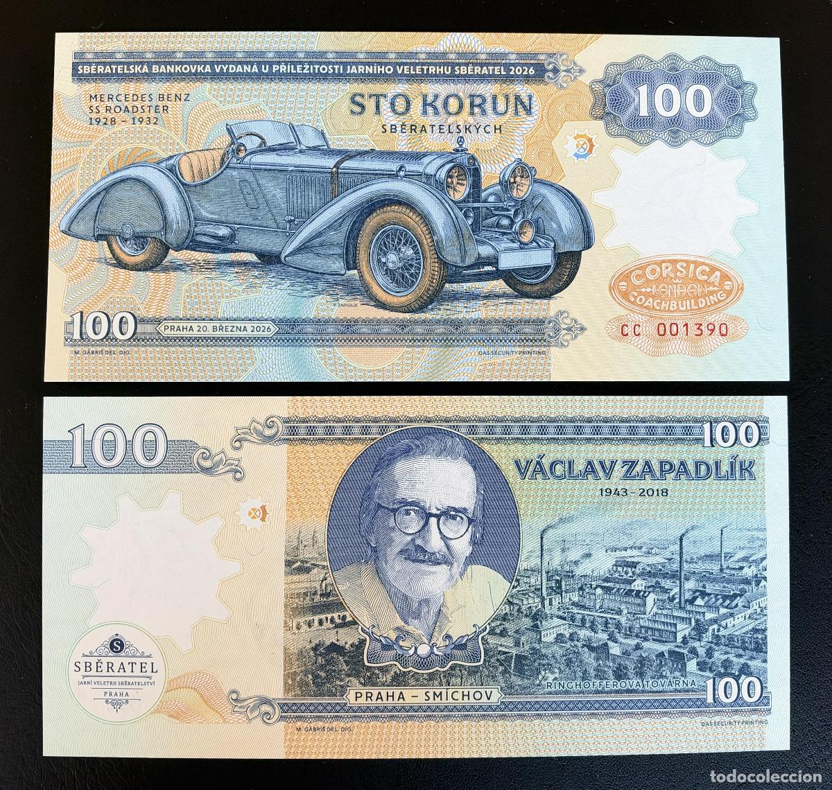 Billetes extranjeros: Matej Gabris Billete 100 Korun Sběratel 2026 V&aacute;clav Zapadl&iacute;k Mercedes Benz SS