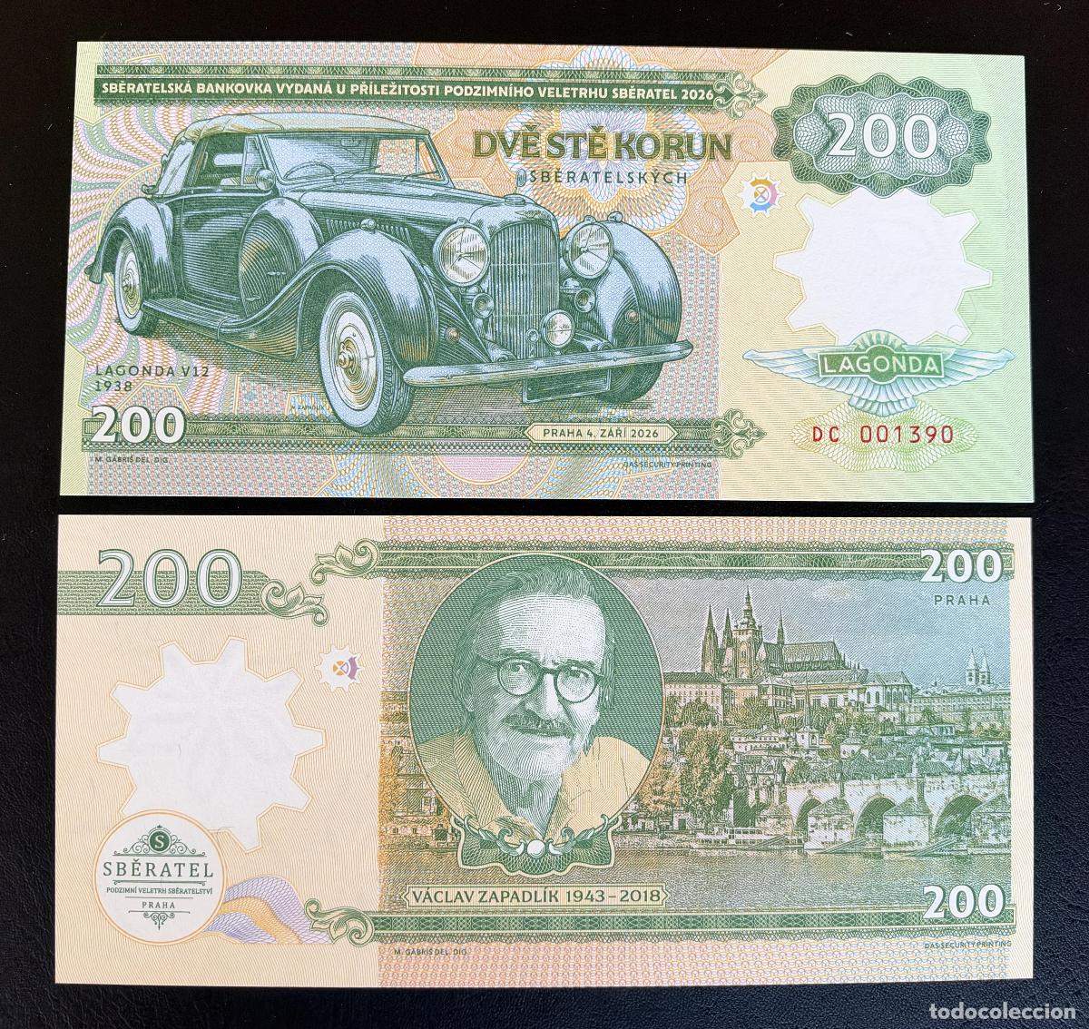 Billetes extranjeros: Matej Gabris Billete 200 Korun Sběratel 2026 Praha Lagonda V12 1938 UNC