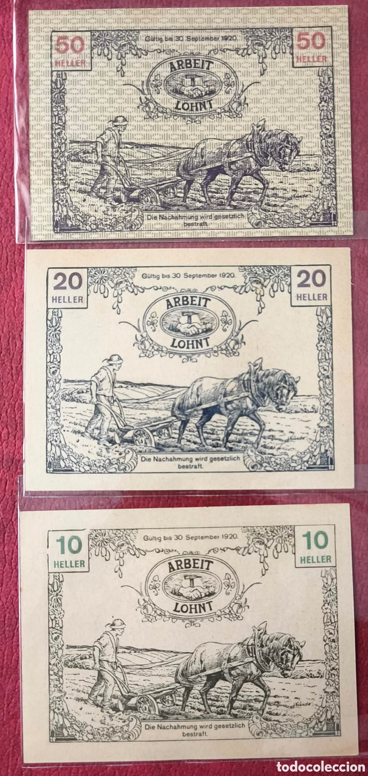 Billetes extranjeros: Austria. 1920. Notgelds. 10, 20 y 50 heller - Foto 1