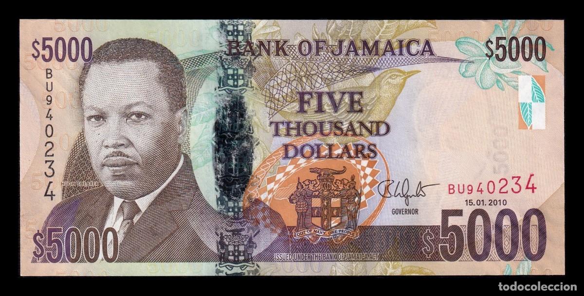 Billetes extranjeros: Jamaica 5000 D&oacute;lares Hugh Shearer 2010 Pick 87b Sc Unc