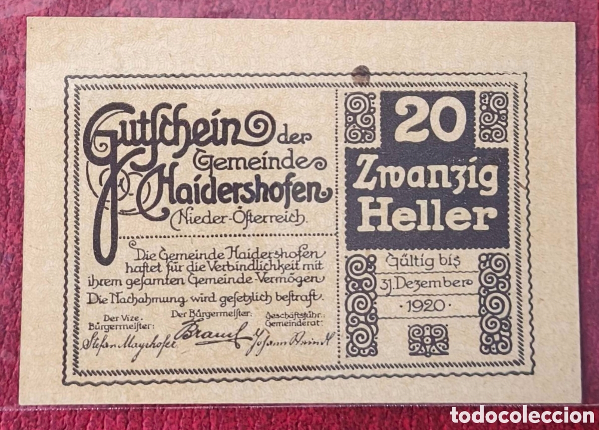 Billetes extranjeros: Austria. 1920-22. Notgeld. 20 heller - Foto 2