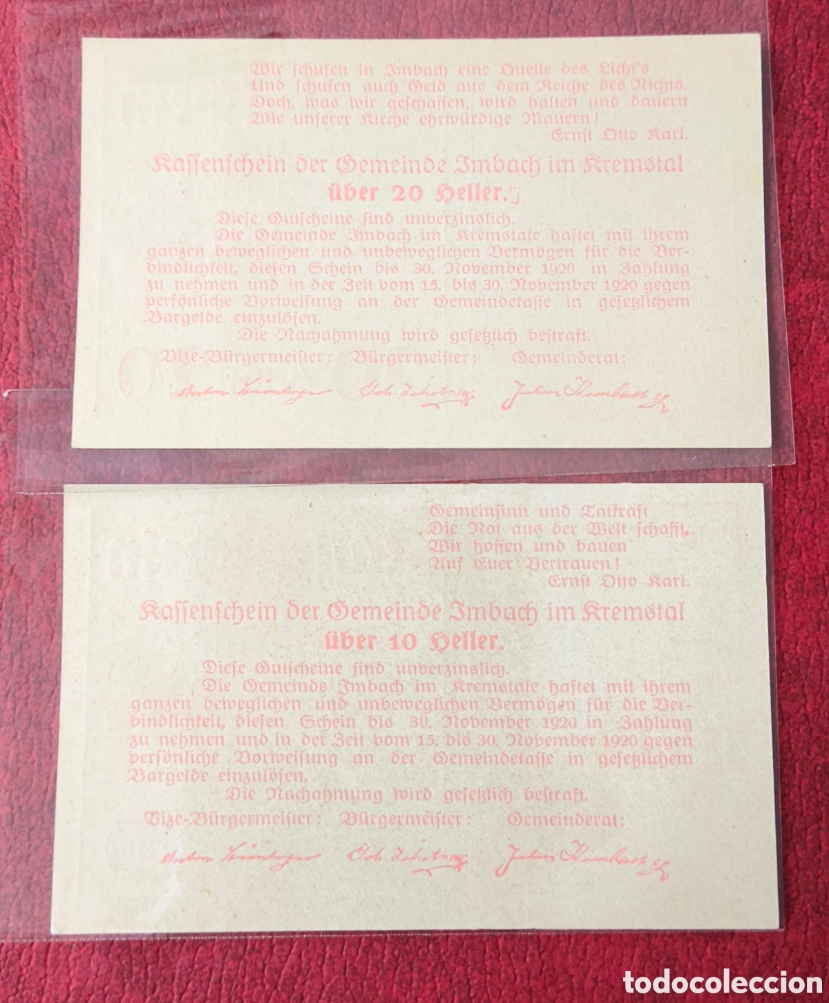 Billetes extranjeros: Austria. 1920. Notgelds. 10 y 20 heller - Foto 2