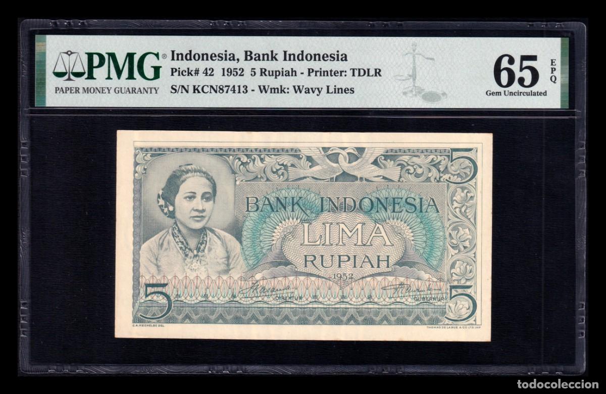 Billetes extranjeros: Indonesia 5 Rupias 1952 Pick 42 PMG 65 EPQ Sc Unc