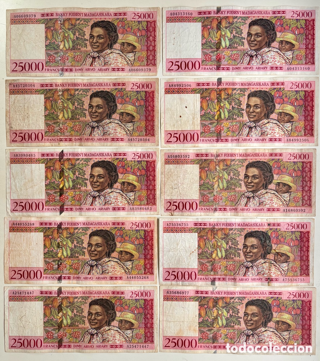 Billetes extranjeros: Lote x 10 Billetes MADAGASCAR 25000 Francos (1998) Francs