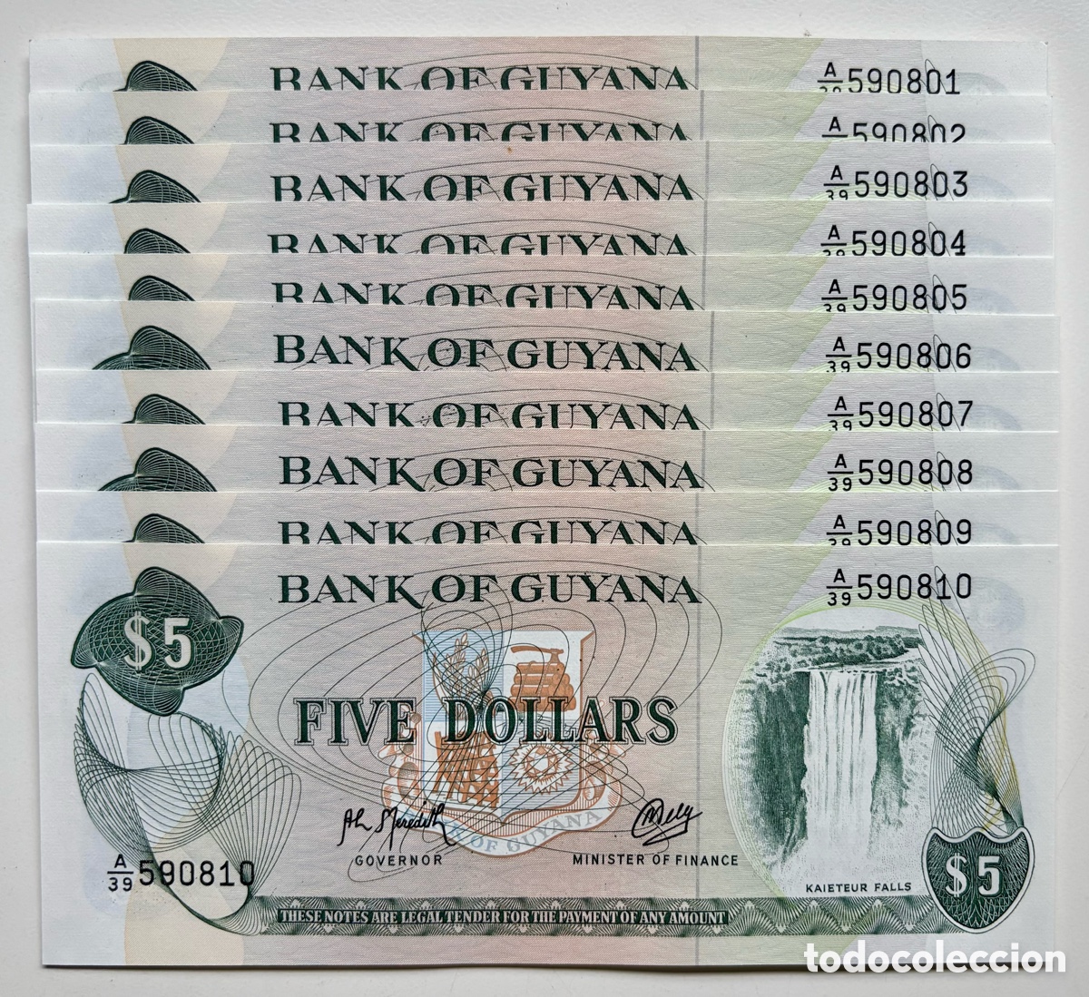 Billetes extranjeros: Lote x 10 Billetes GUYANA 5 D&oacute;lares (1996) SC. Dollars