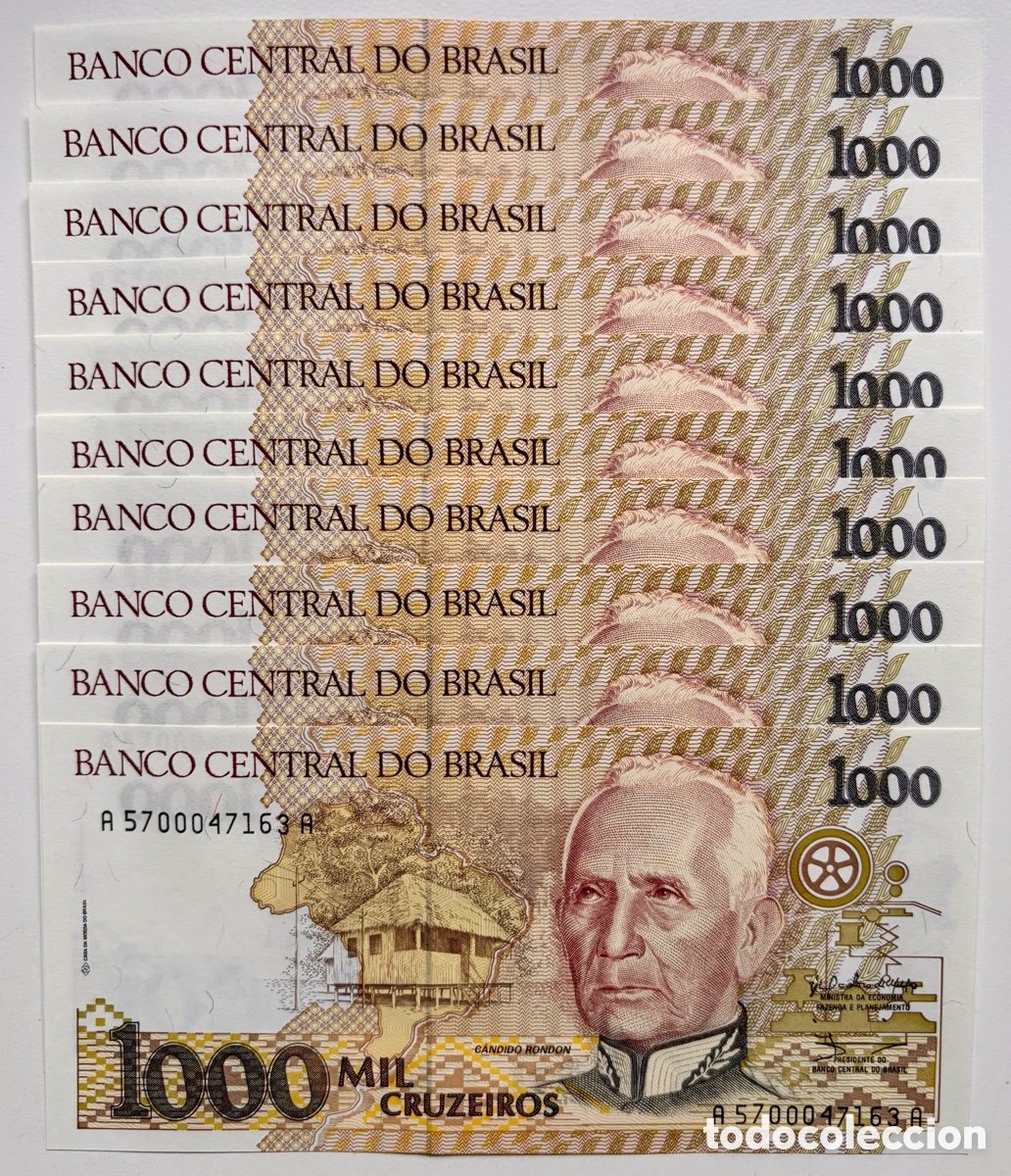 Billetes extranjeros: Lote x 10 Billetes BRASIL 1000 Cruzeiros (1990) SC