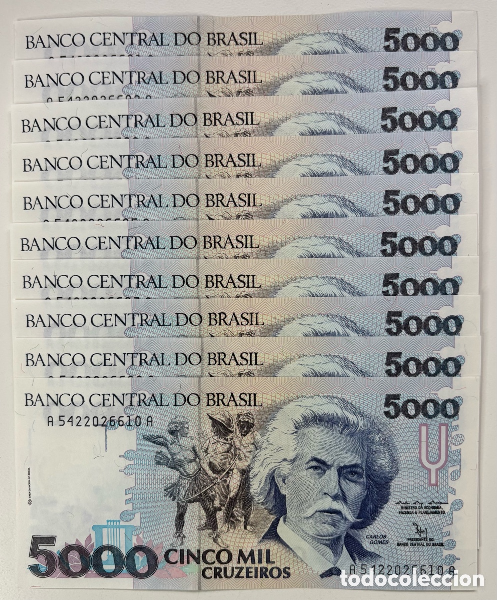 Billetes extranjeros: Lote x 10 Billetes BRASIL 5000 Cruzeiros (1990-1993) SC