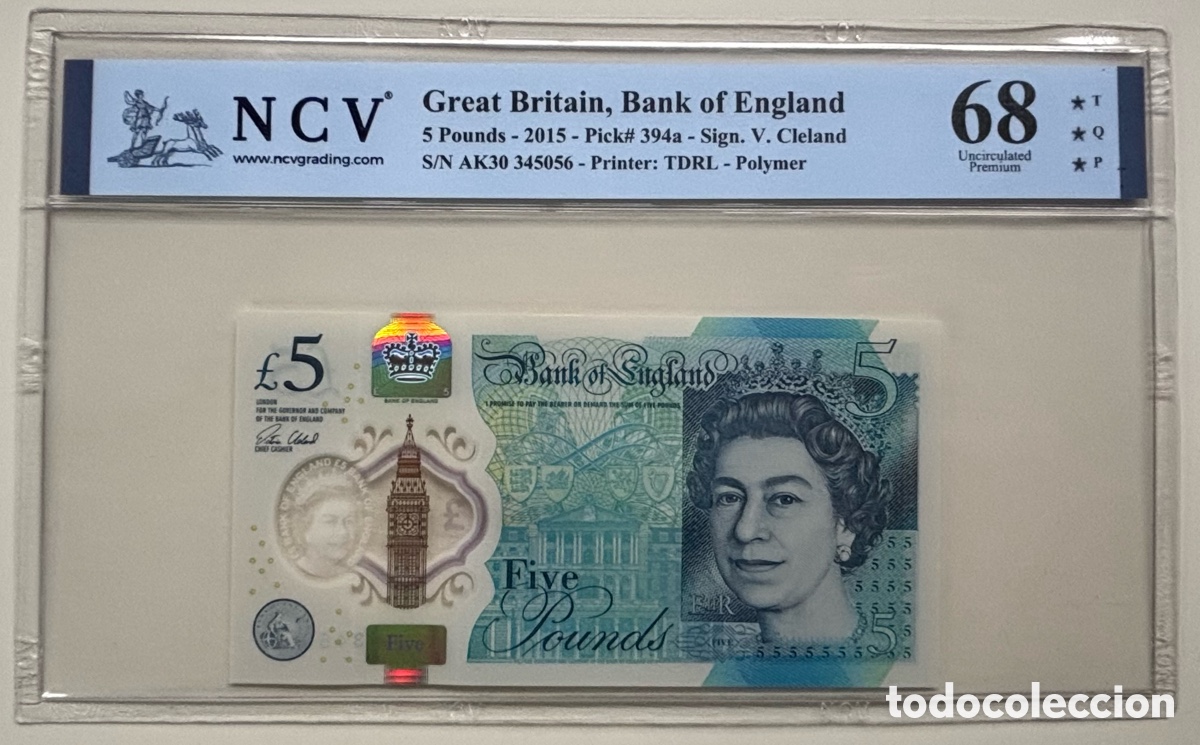 Billetes extranjeros: Billete INGLATERRA 5 Libras 2015 . UK Gran Breta&ntilde;a. Certificado NCV 68 TPQ
