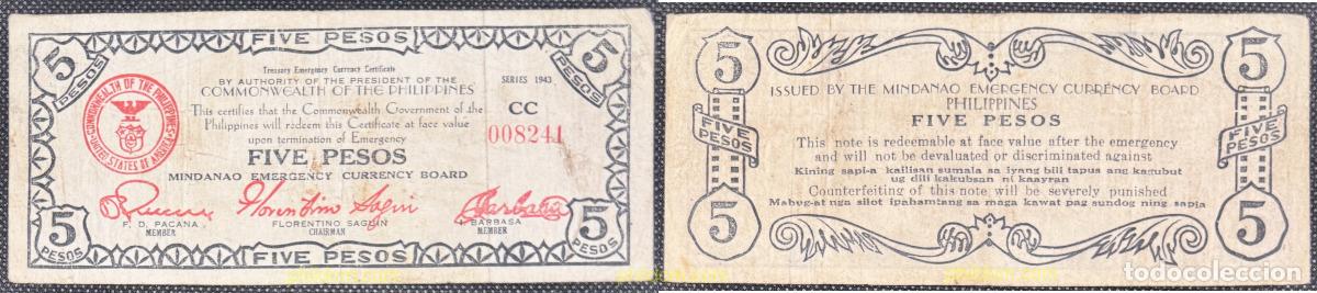 Billetes extranjeros: 8739 FILIPINAS 1943 PHILIPPINES 5 PESOS 1943