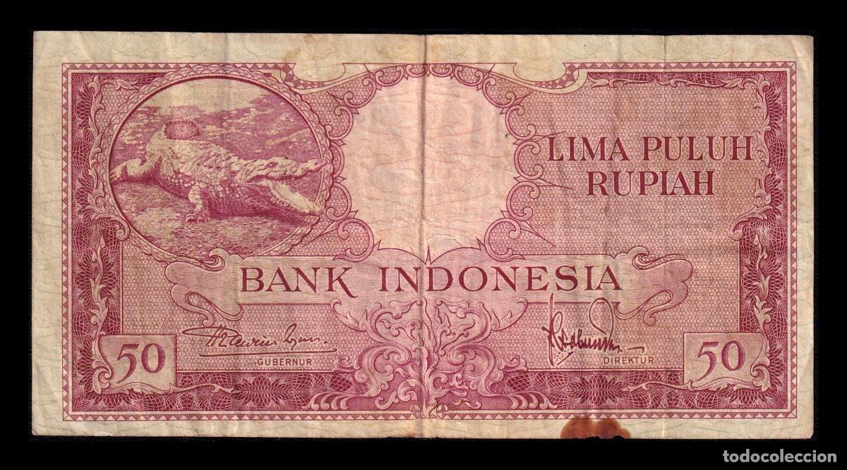 Billetes extranjeros: Indonesia 50 Rupias Cocodrilo 1957 Pick 50 Bc/Mbc F/Vf
