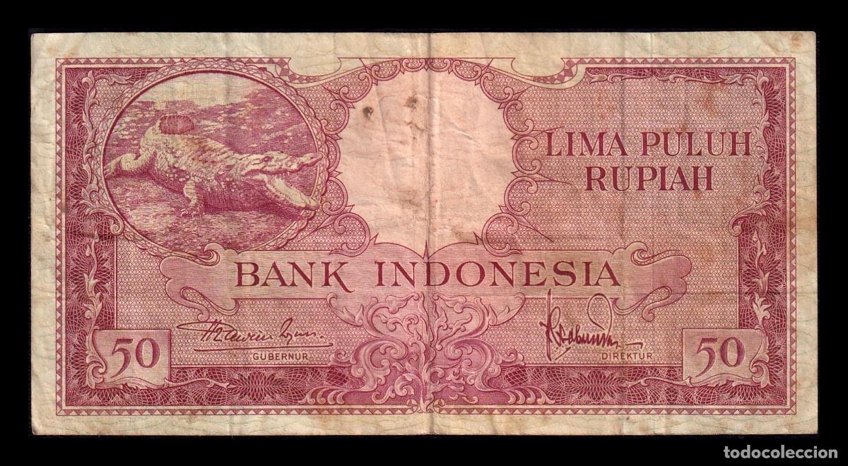 Billetes extranjeros: Indonesia 50 Rupias Cocodrilo 1957 Pick 50 Bc/Mbc F/Vf