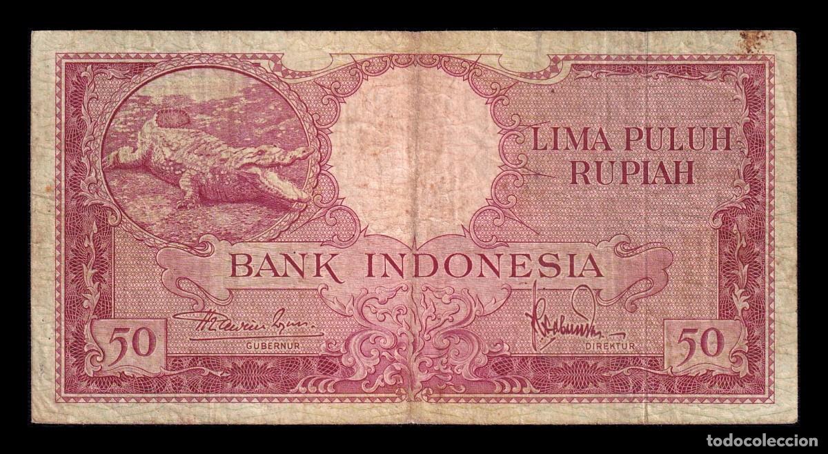 Billetes extranjeros: Indonesia 50 Rupias Cocodrilo 1957 Pick 50 Bc/Mbc F/Vf