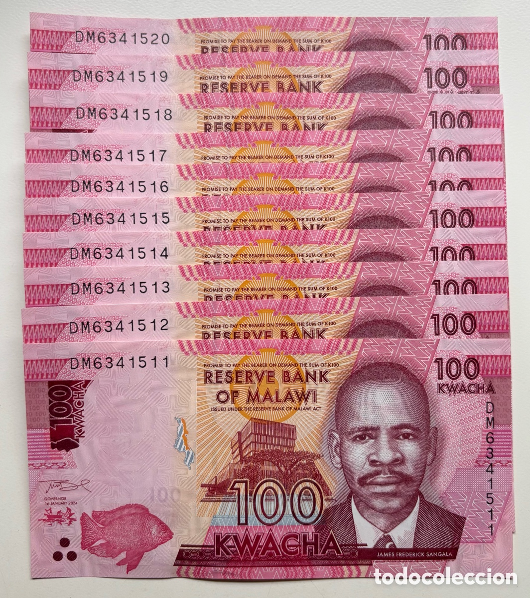 Billetes extranjeros: Lote x 10 Billetes MALAWI 100 Kwacha 2024 SC
