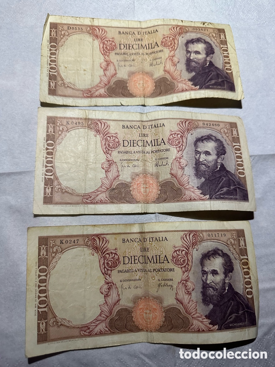 Billetes extranjeros: Lote 3 Billetes Italia 10.000 Liras / Lire (Miguel &Aacute;ngel / Michelangelo) 1971-1973