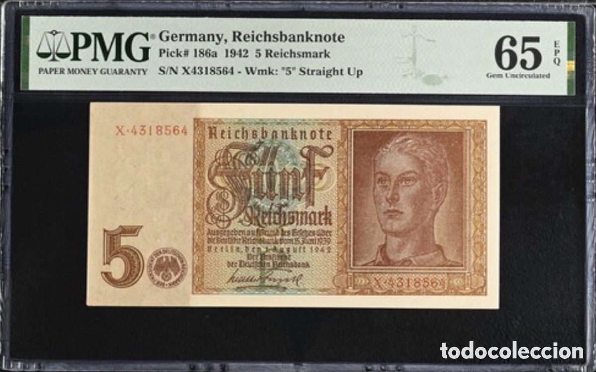 Billetes extranjeros: Billete Alemania 5 Reichsmark 1942 PMG 65 p186a