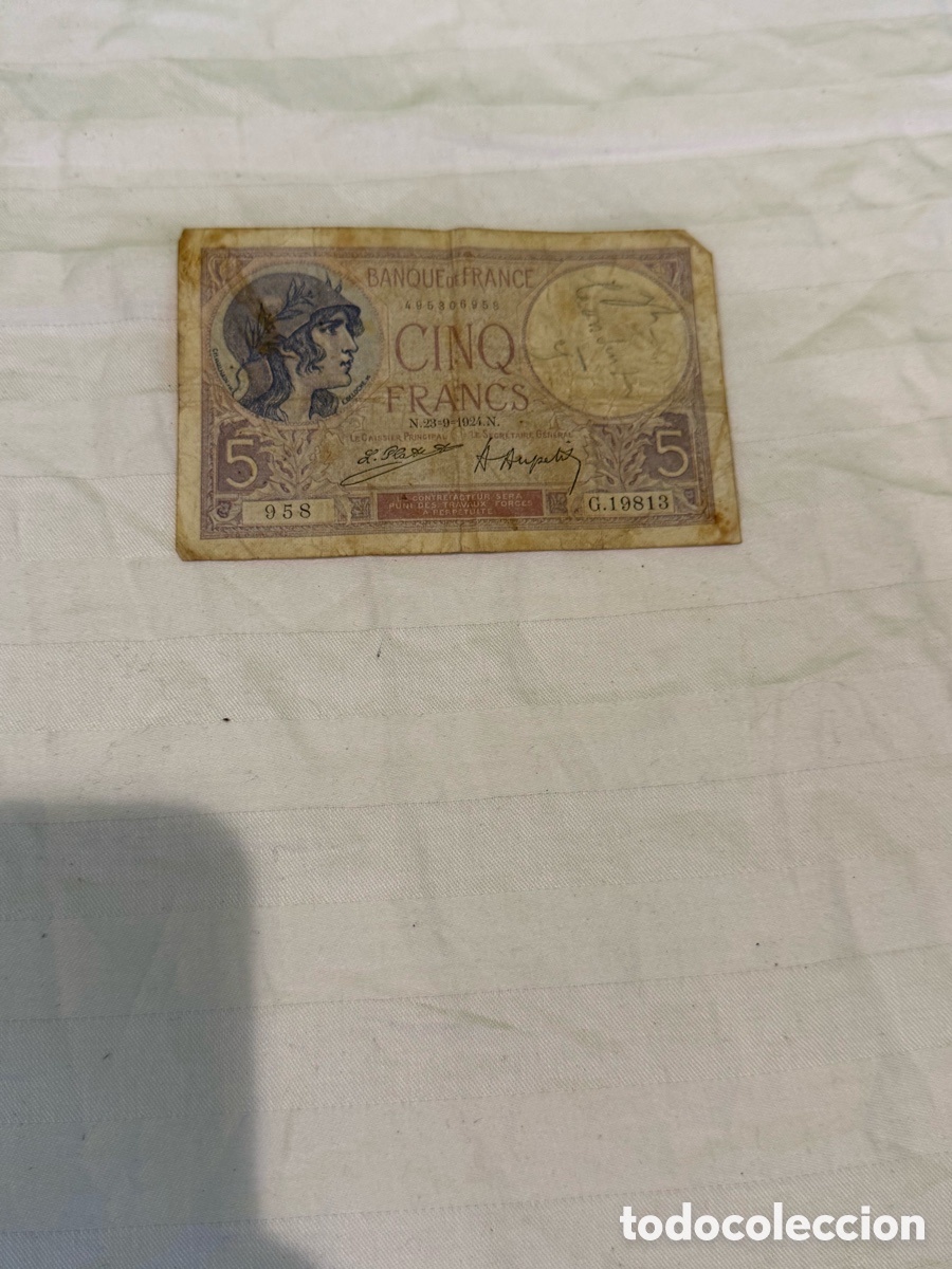 Banconote internazionali: Billete original Francia 5 Francs 1924 &ndash; Banque de France &ndash; G.19813 N&ordm;958