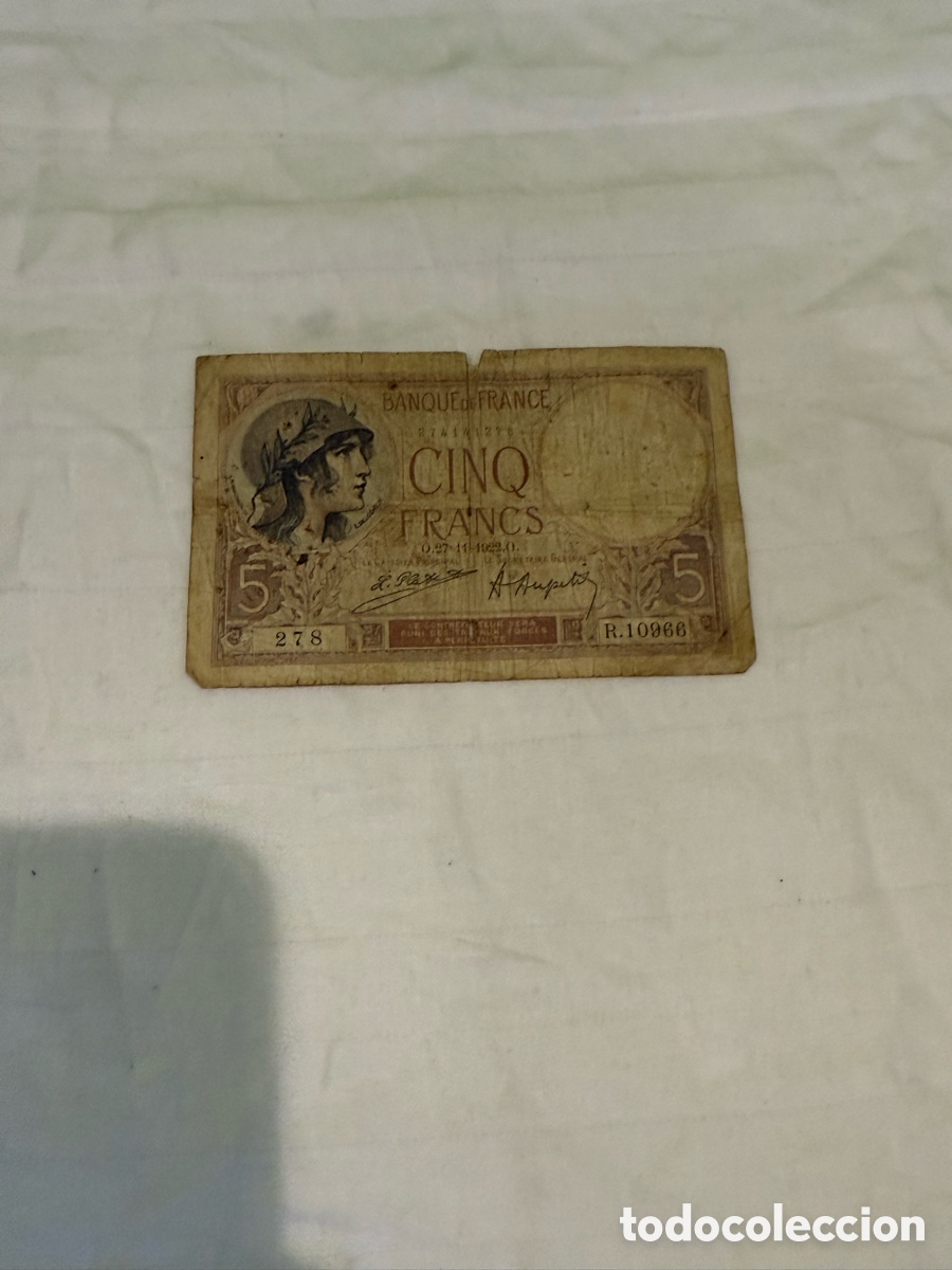 Notas Internacionais: Billete original Francia 5 Francs 1922 &ndash; Banque de France &ndash; R.10966 N&ordm;278