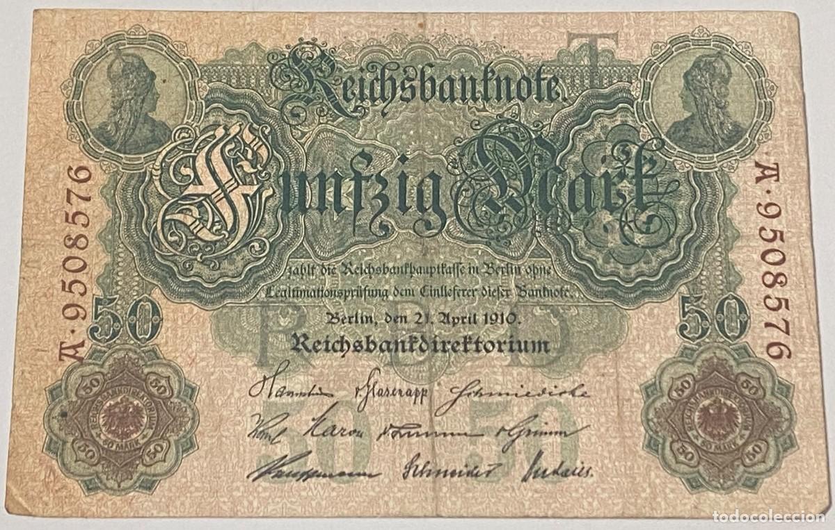 Billetes extranjeros: Billete 1910. 50 Marcos. Alemania. II Reich. Emperador Guillermo II. MBC. Muy Buena Conservaci&oacute;n