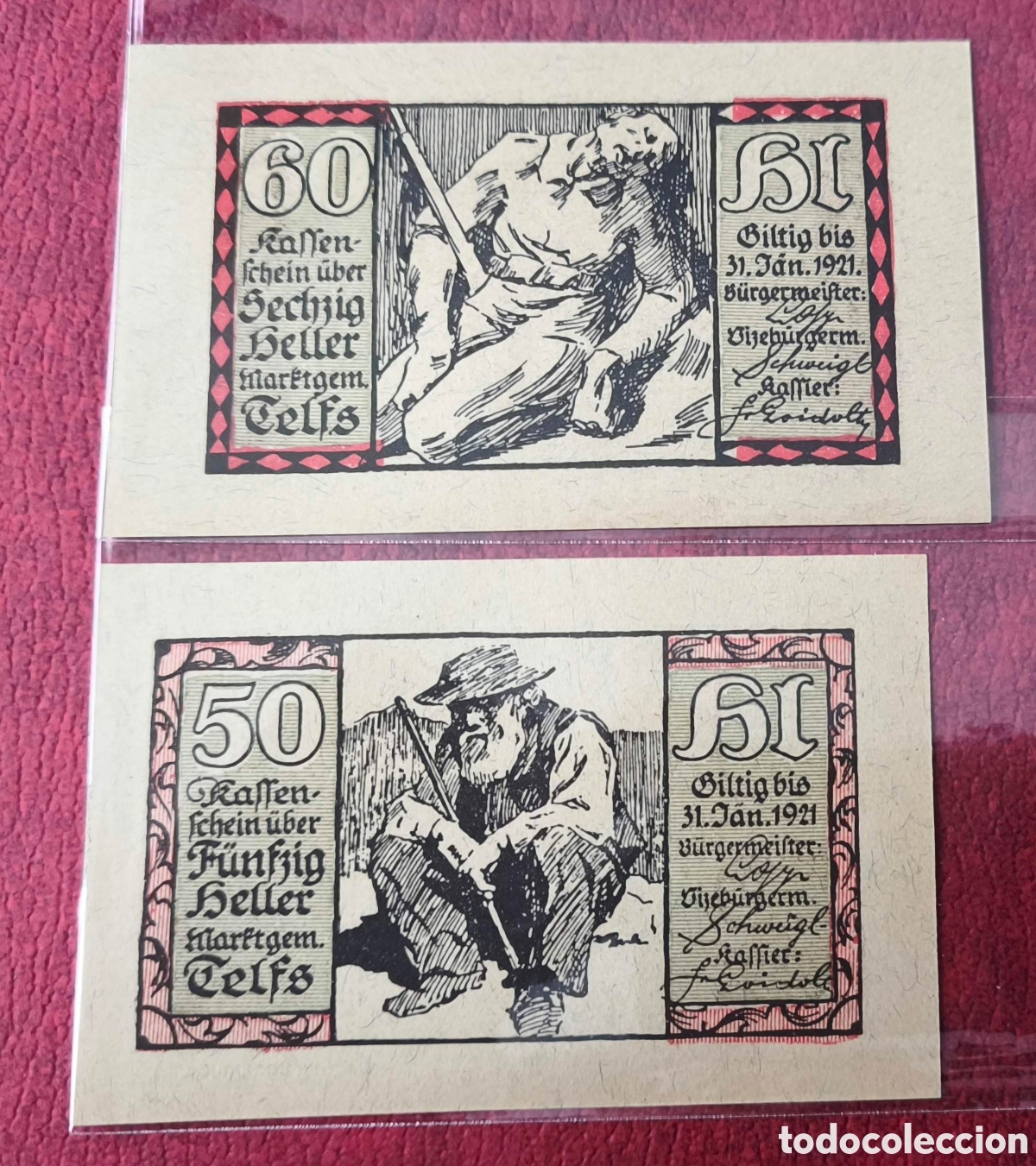 Billetes extranjeros: Austria. 1921. Notgelds. 50 y 60 heller