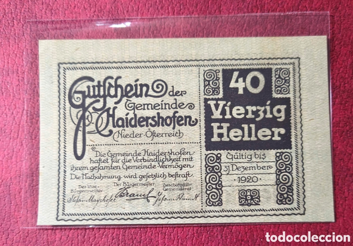 Billetes extranjeros: Austria. 1920. Notgeld. 40 heller - Foto 2