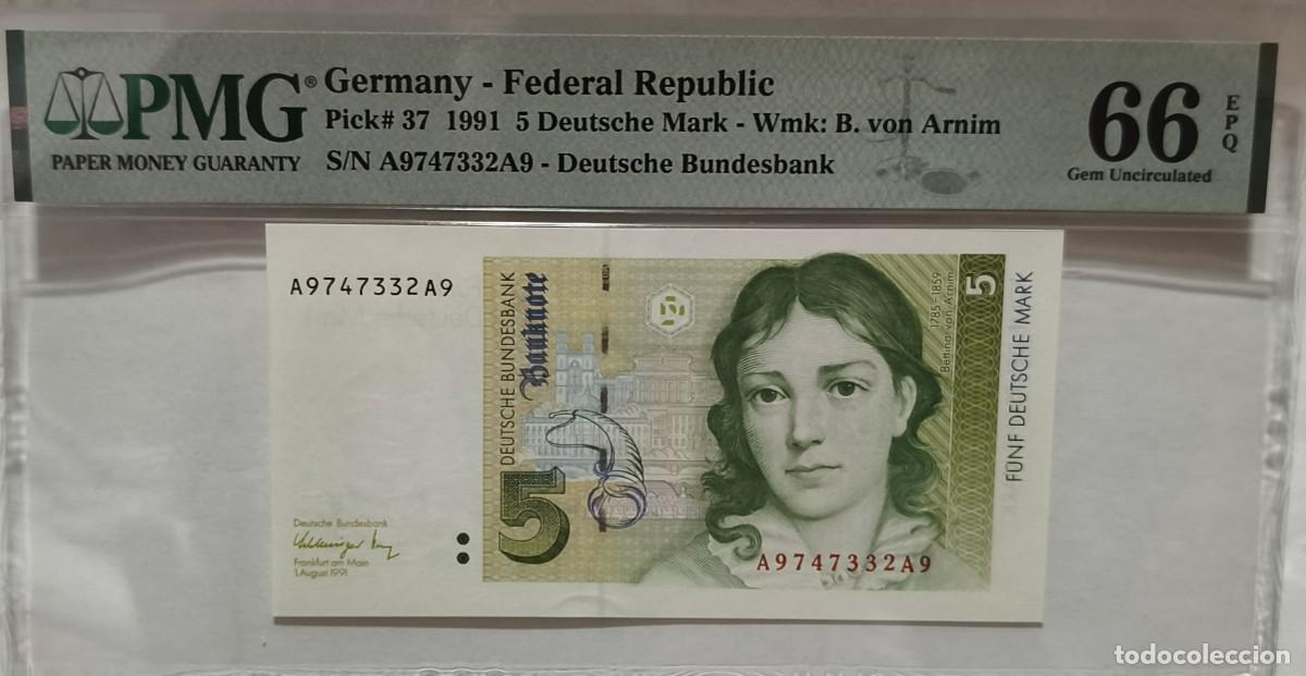 Billetes extranjeros: Billete Rep. Fed. Alemania (Germany) 5 Marcos 1991 P-37 PMG 66 Gem Uncirculated