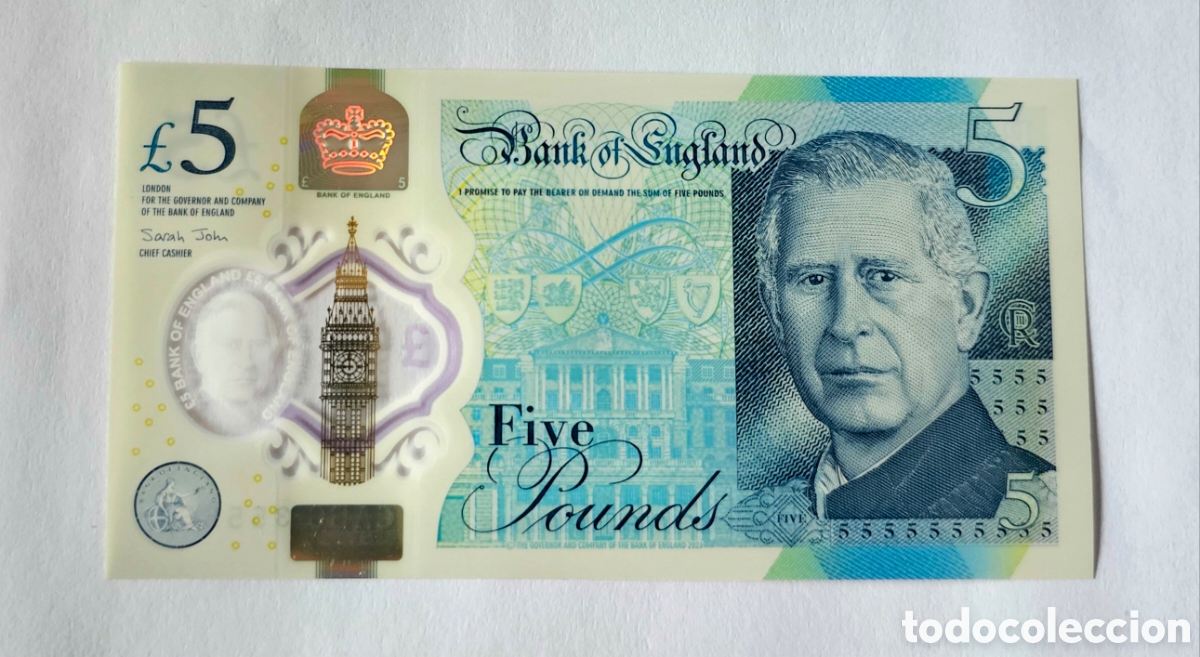 Notas Internacionais: Billete 5 libras Rey Carlos III Inglaterra