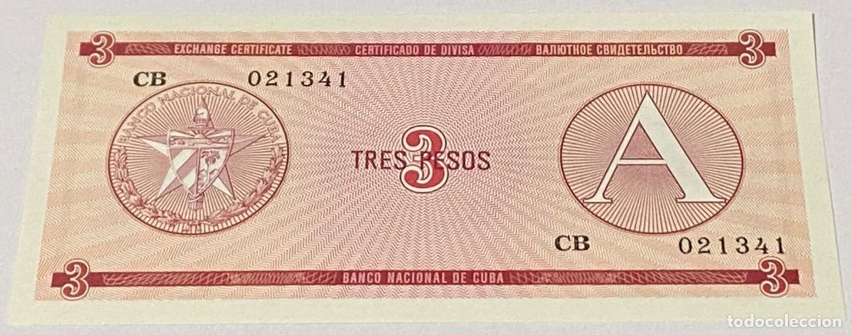 Billetes extranjeros: Billete 1985. 3 Pesos. Cuba. Serie A. Certificado de Divisa. Banco Nacional de Cuba. SC. Castillo