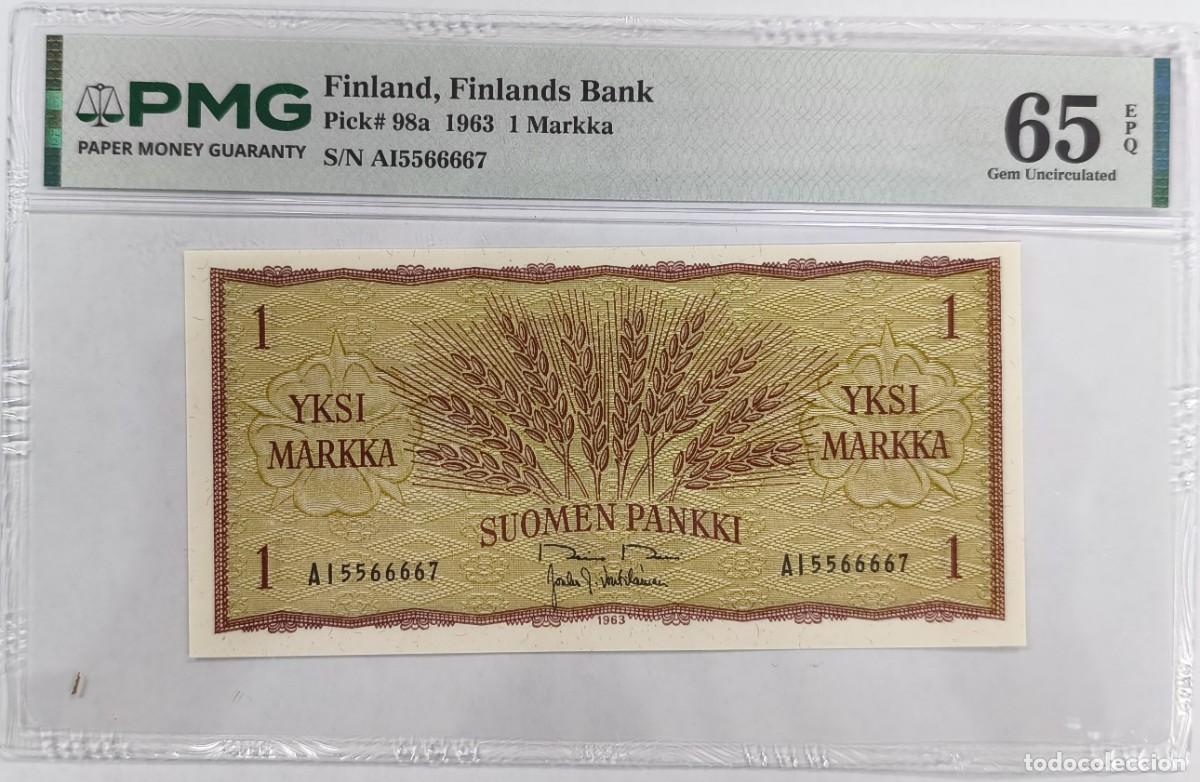 Billetes extranjeros: Billete Finlandia 1 Markka 1963 Pick # 98a PMG 65 Gem Uncirculated