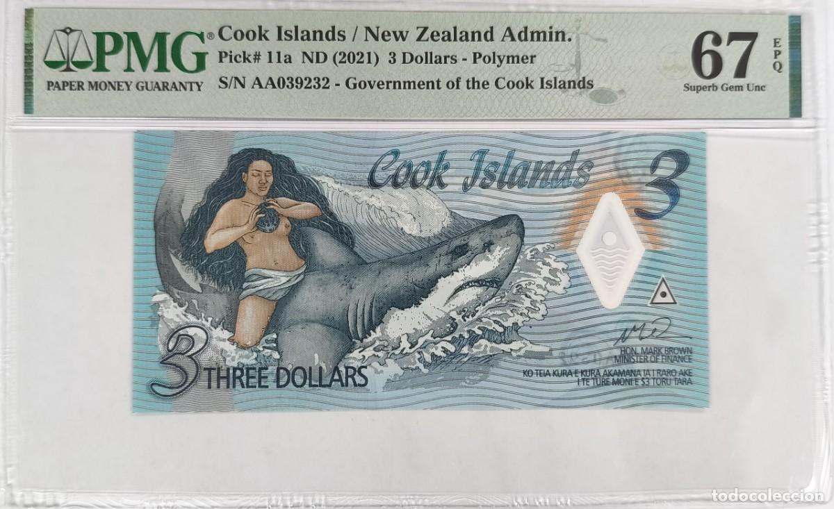 Billetes extranjeros: Billete islas Cook 3 Dollars 2021 Pick 11a PMG 67 Superb Gem Uncirculated