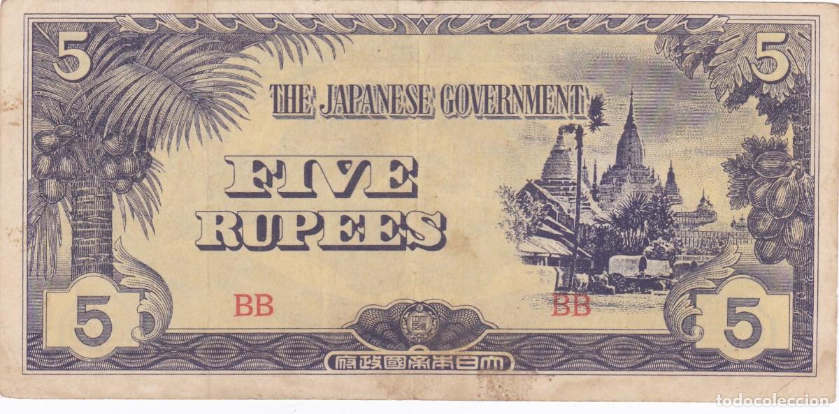 Notas Internacionais: BURMA - 5 RUPIAS DE 1942 , OCUPACI&Oacute;N JAPONESA , 2&ordf; GUERRA MUNDIAL- VER FOTOS -