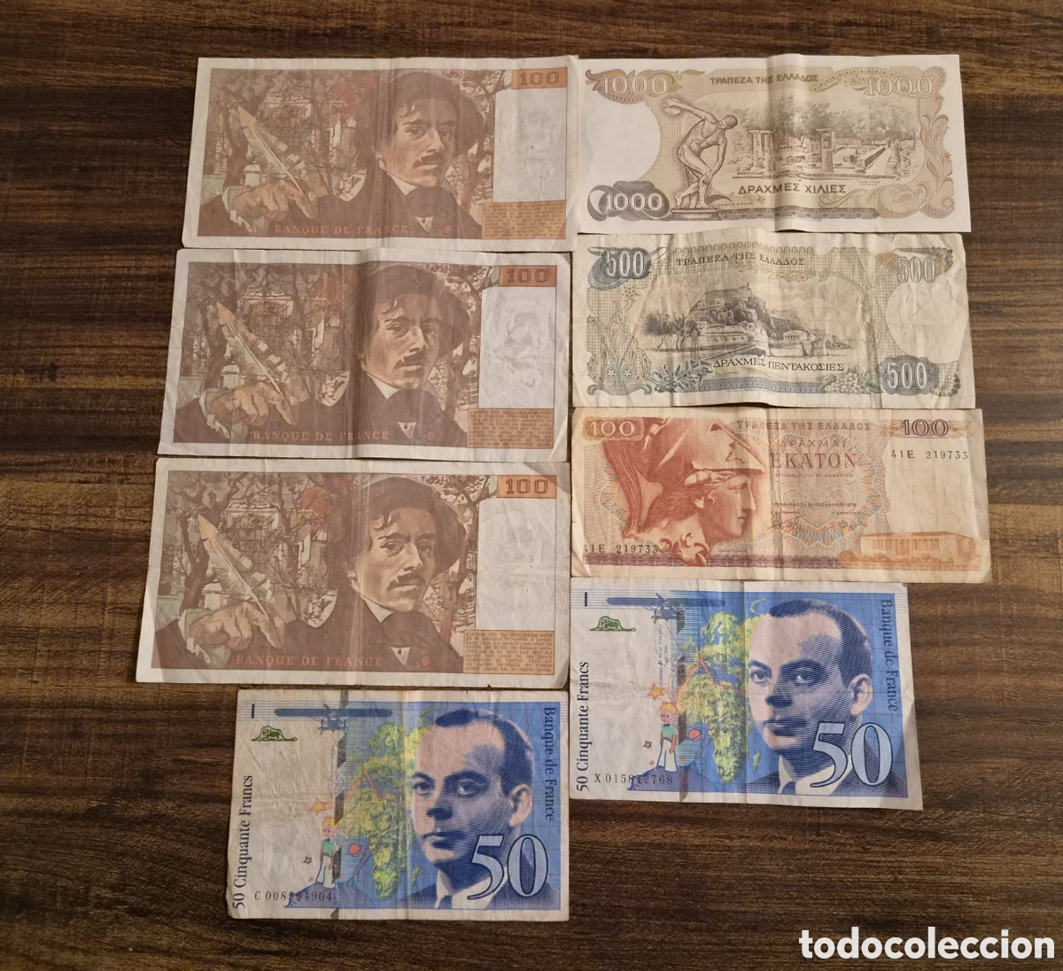 Billetes extranjeros: Lote 8 Billetes Antiguos Europa: Francos Franceses (Delacroix y El Principito) + Dracmas Griegas