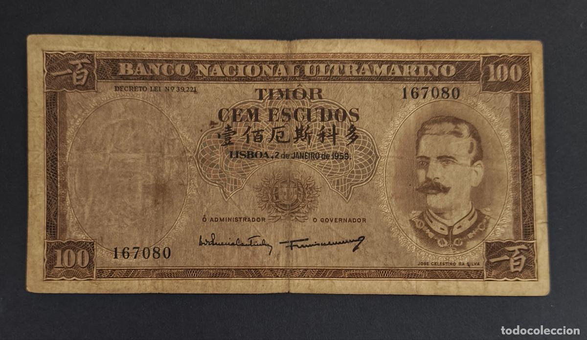 Billetes extranjeros: TIMOR. 100 escudos 2.1.1959. Pick 24. Variante de firmas.