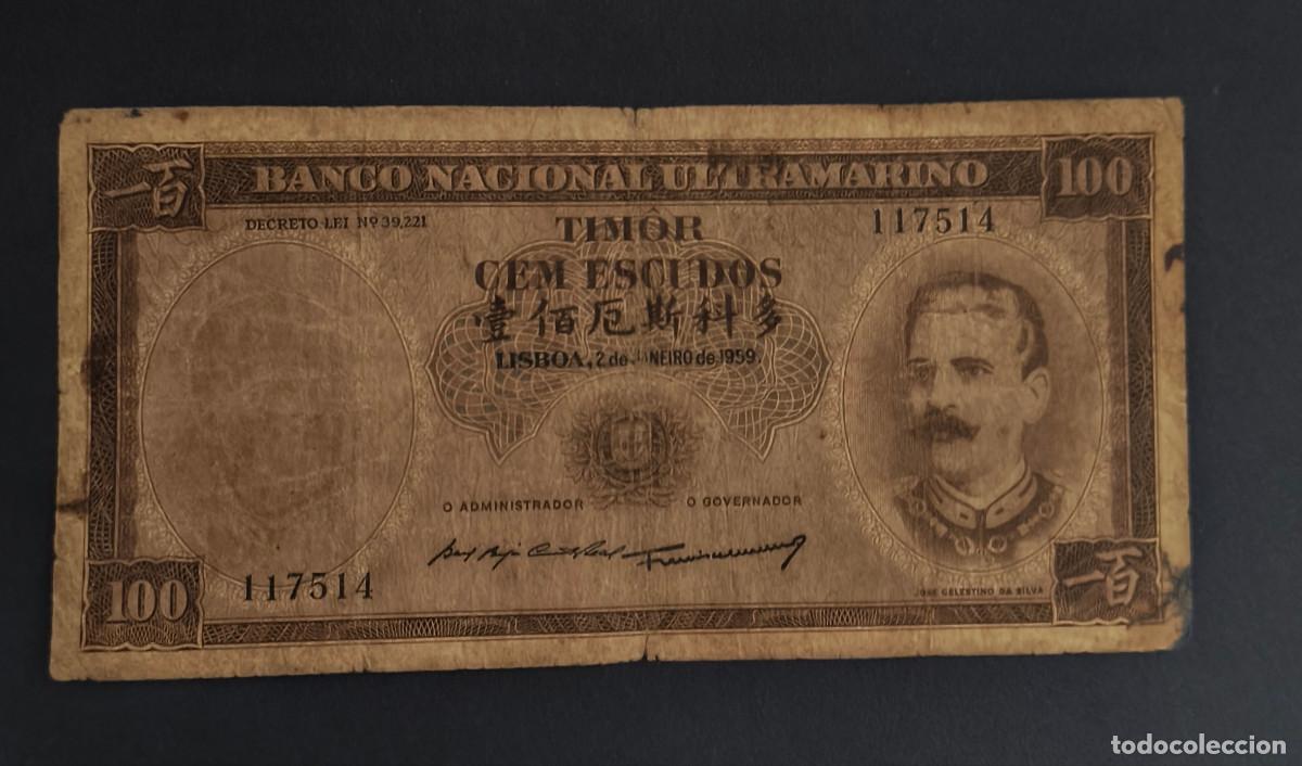 Billetes extranjeros: TIMOR. 100 escudos 2.1.1959. Pick 24. Variante de firmas.