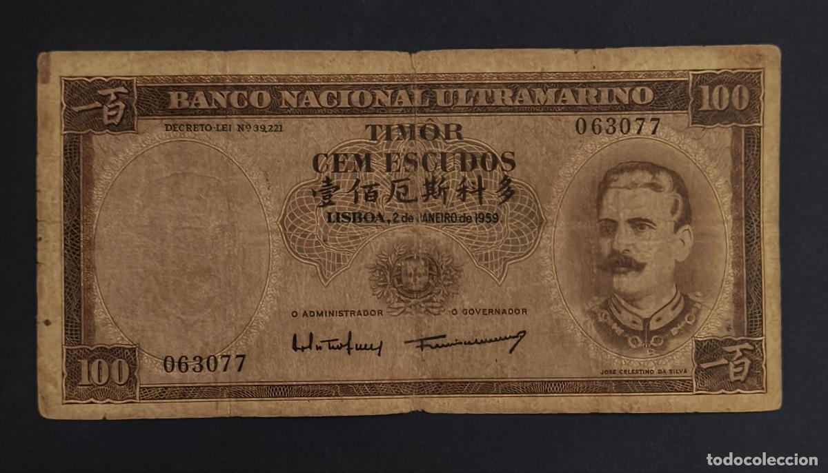 Billetes extranjeros: TIMOR. 100 escudos 2.1.1959. Pick 24. Variante de firmas.