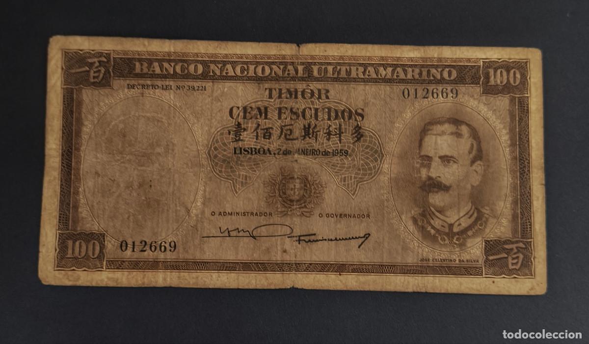 Billetes extranjeros: TIMOR. 100 escudos 2.1.1959. Pick 24. Variante de firmas.