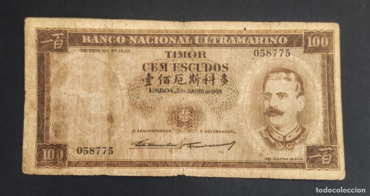 Billetes extranjeros: TIMOR. 100 escudos 2.1.1959. Pick 24. Variante de firmas.