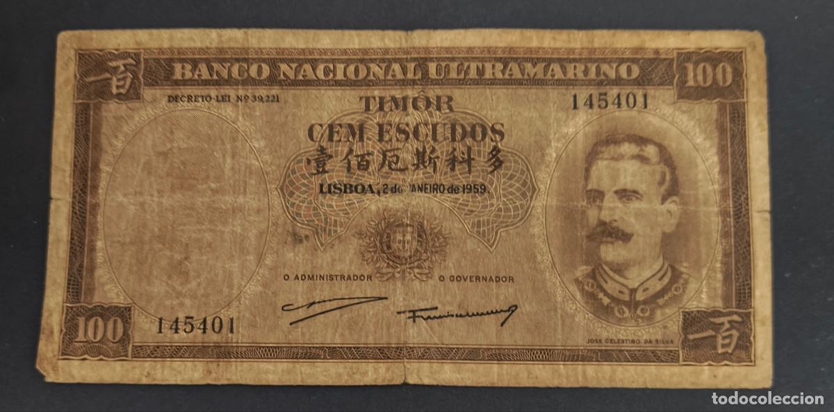 Billetes extranjeros: TIMOR. 100 escudos 2.1.1959. Pick 24. Variante de firmas.