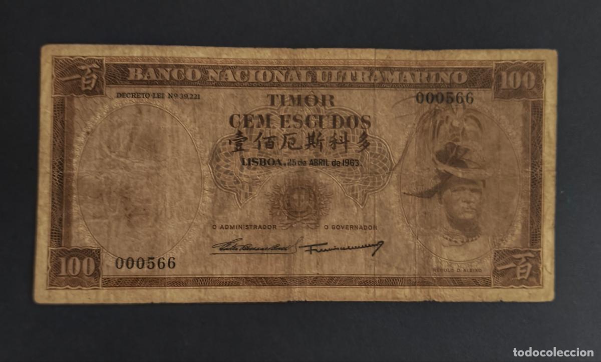 Billetes extranjeros: TIMOR. 100 escudos 25.04.1963. Pick 28. Variante de firmas.