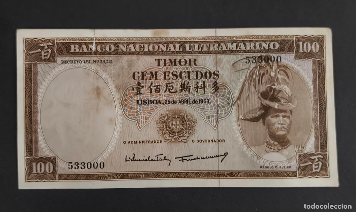 Billetes extranjeros: TIMOR. 100 escudos 25.04.1963. Pick 28. Variante de firmas.