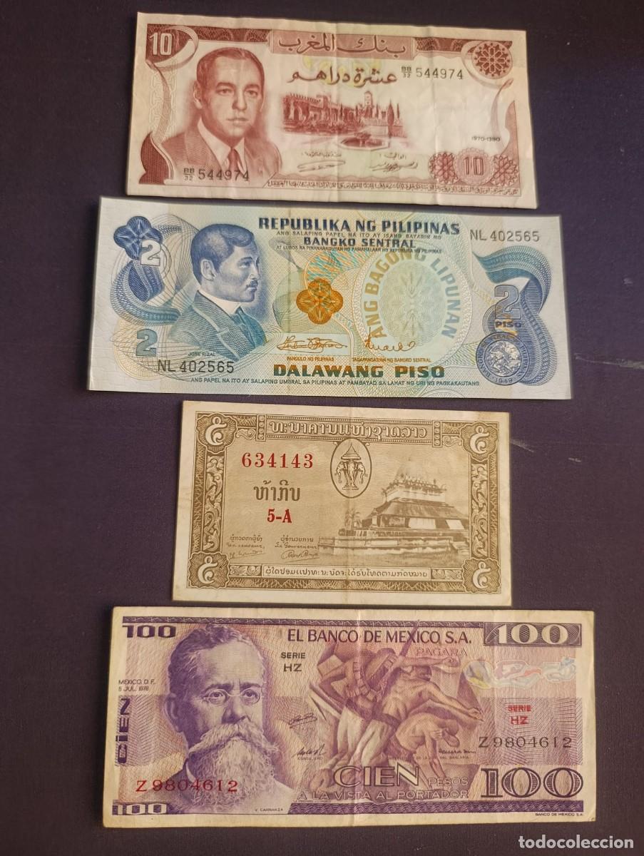 Billetes extranjeros: Lote de 4 Billetes Antiguos Internacionales (Marruecos, M&eacute;xico, Filipinas, Laos)